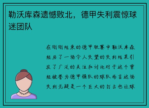 勒沃库森遗憾败北，德甲失利震惊球迷团队